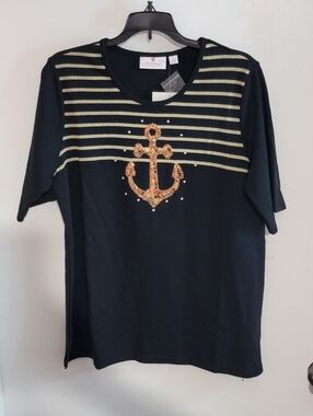 Quacker Factory Sequin Anchor Black Tee with Gold Stripes